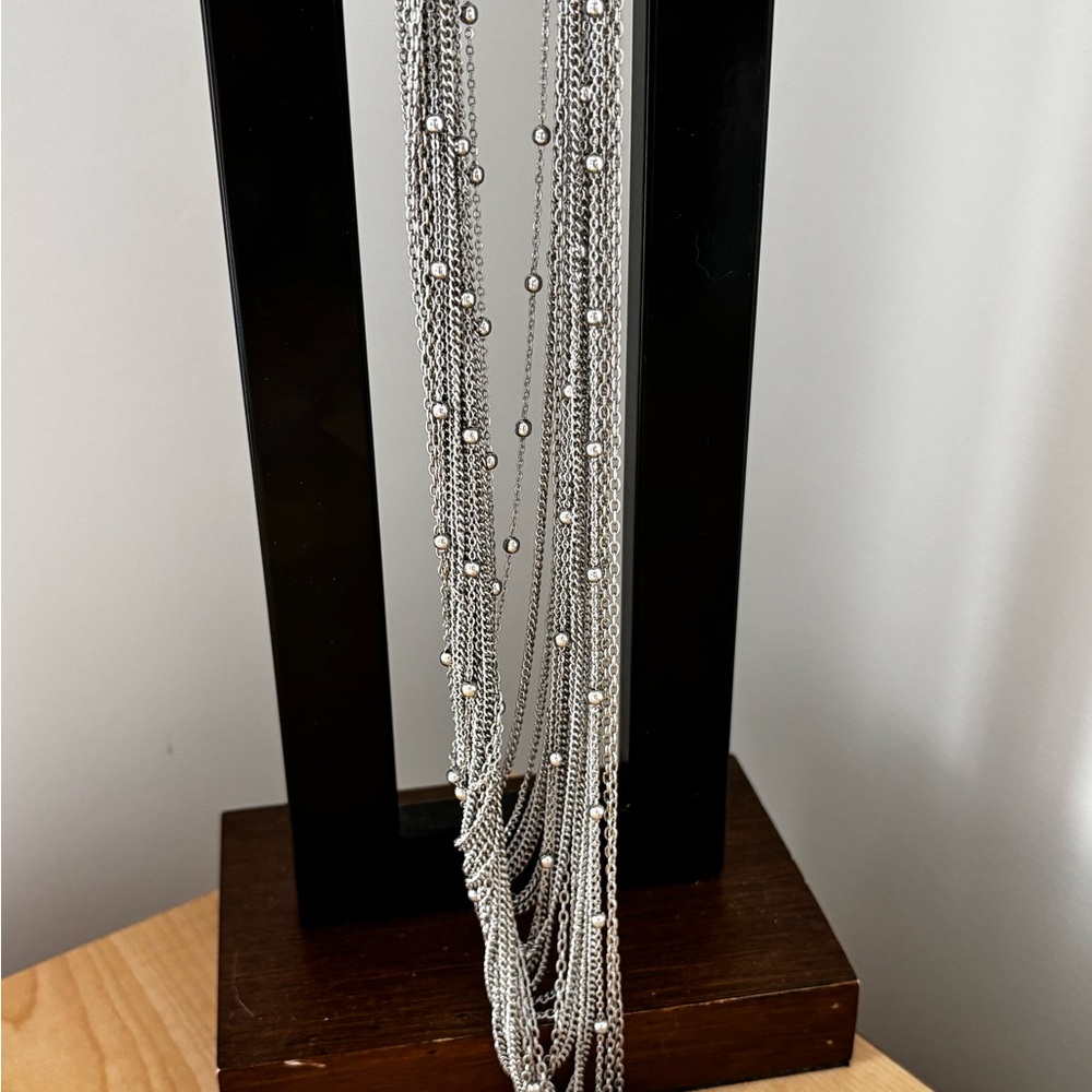 Chico’s multi layered chain necklace/ silver tone chains measure 31 + 4 …